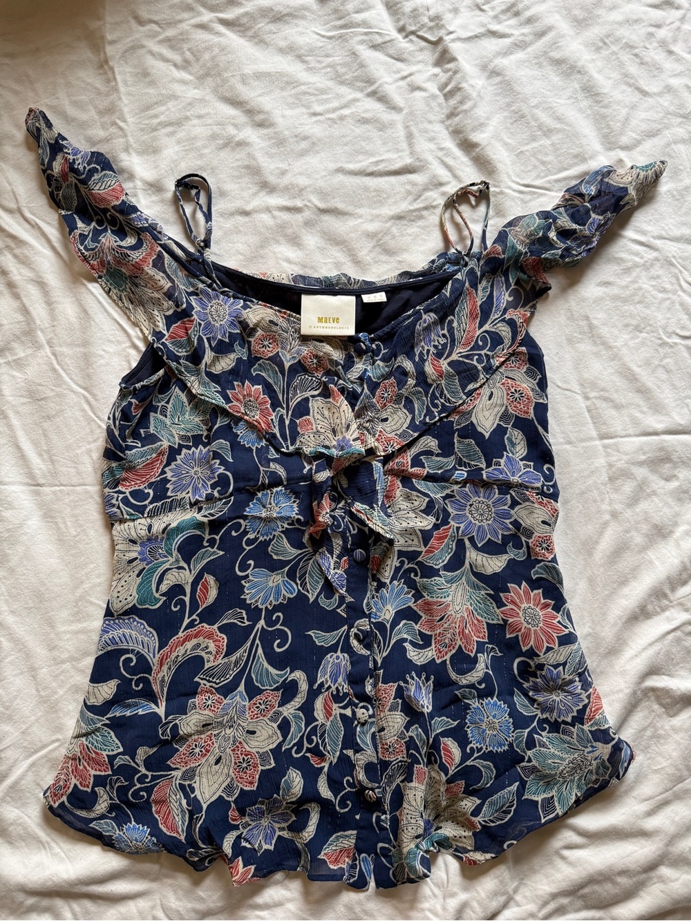Maeve by Anthropologie Mariposa Open-Shoulder Ruffled Floral Blouse Size 8